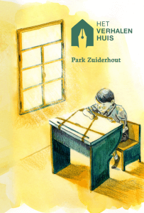 Omslag van het boekje 'Het Verhalenhuis - Park Zuiderhout': een illustratie van een kind dat in een schoolbankje zit en op diens tafeltje de schaduwen van het kozijn overtekent.