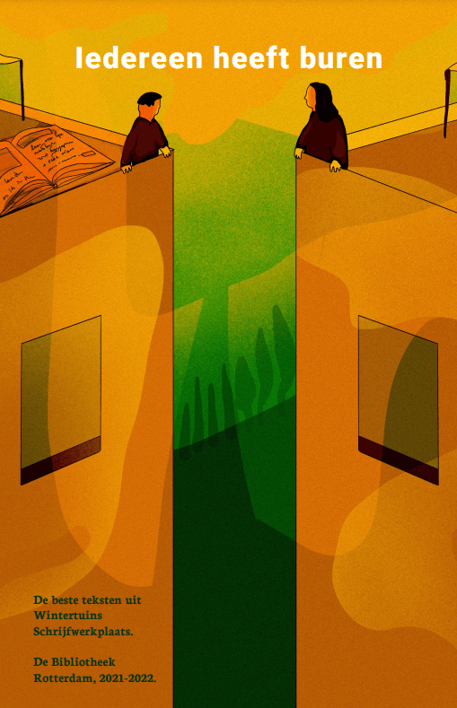 Cover van 'Iedereen heef t buren'. Illustratie van twee figuurtjes die zich in verschillende gebouwen bevinden, in gele/oranje/groene achtergrond, en naar elkaar kijken.